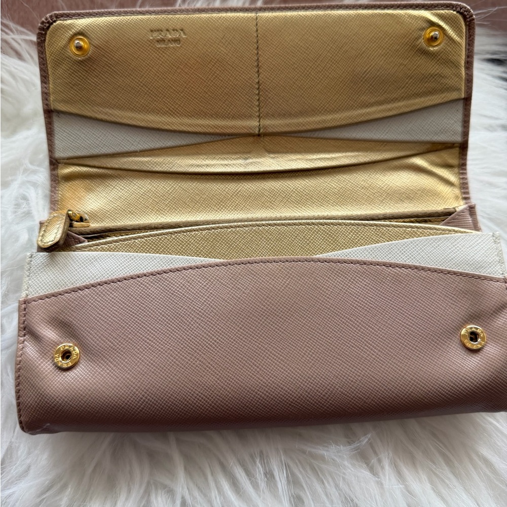 Prada Pink-Beige Saffiano Leather Flap Continental Wallet with Gold Logo - Picture 5 of 8